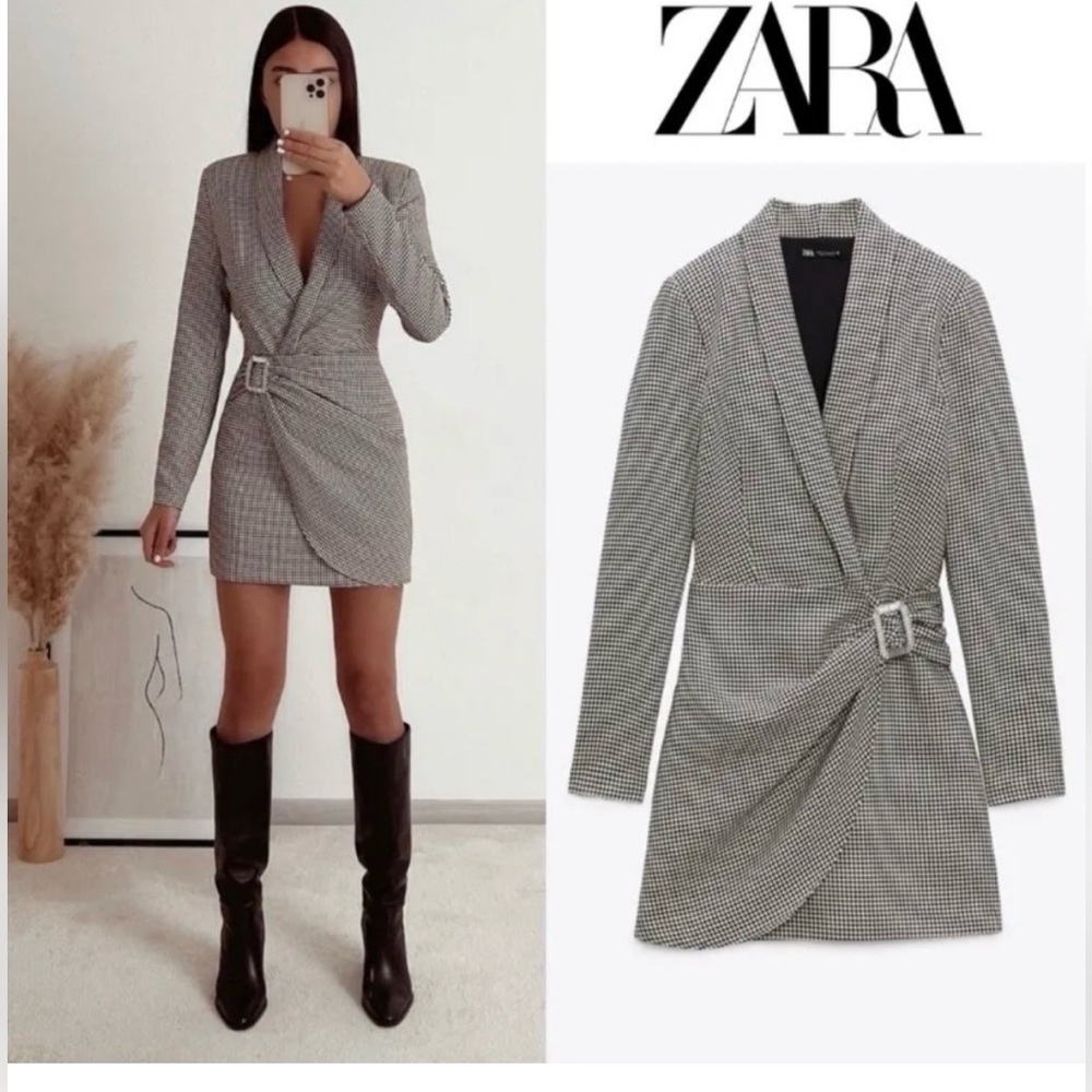 Zara Black and White Houndstooth Wrap Dress Sz XS